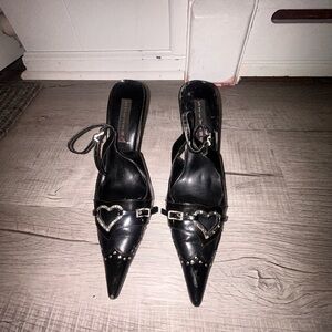 Steven By Steve Madden Black Pointed Toe Heart-Buckle Slingback Heels